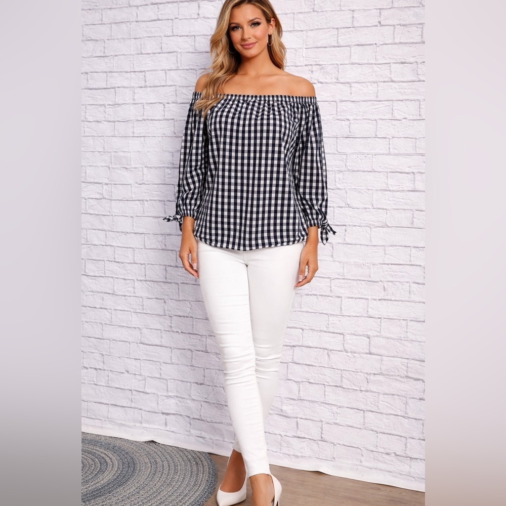 VINEYARD VINES Women’s Off The Shoulder size 6 long sleeve gingham top
